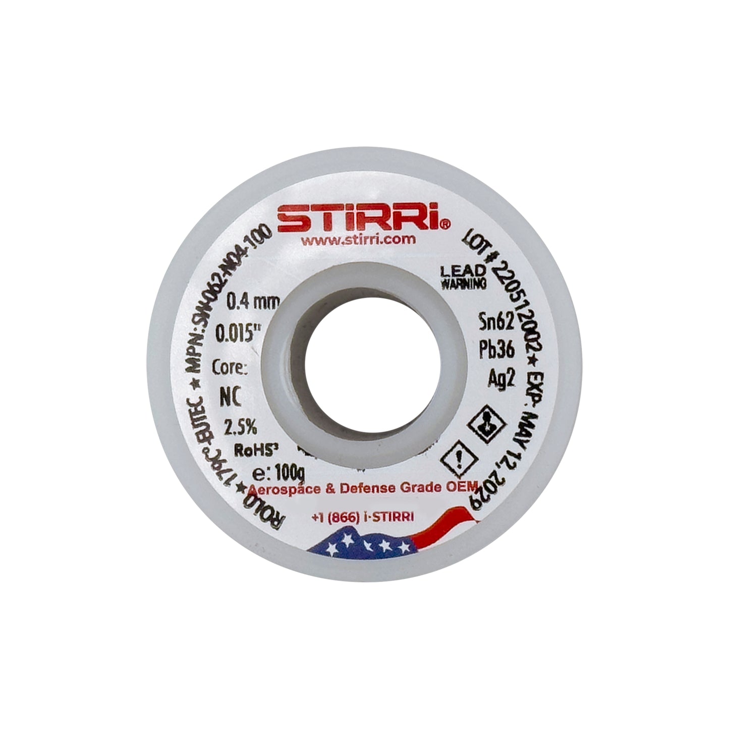 MT-062 - Sn62Pb36Ag2 mid-temp eutectic leaded solder wire NC-core ROL0 - 100g spool