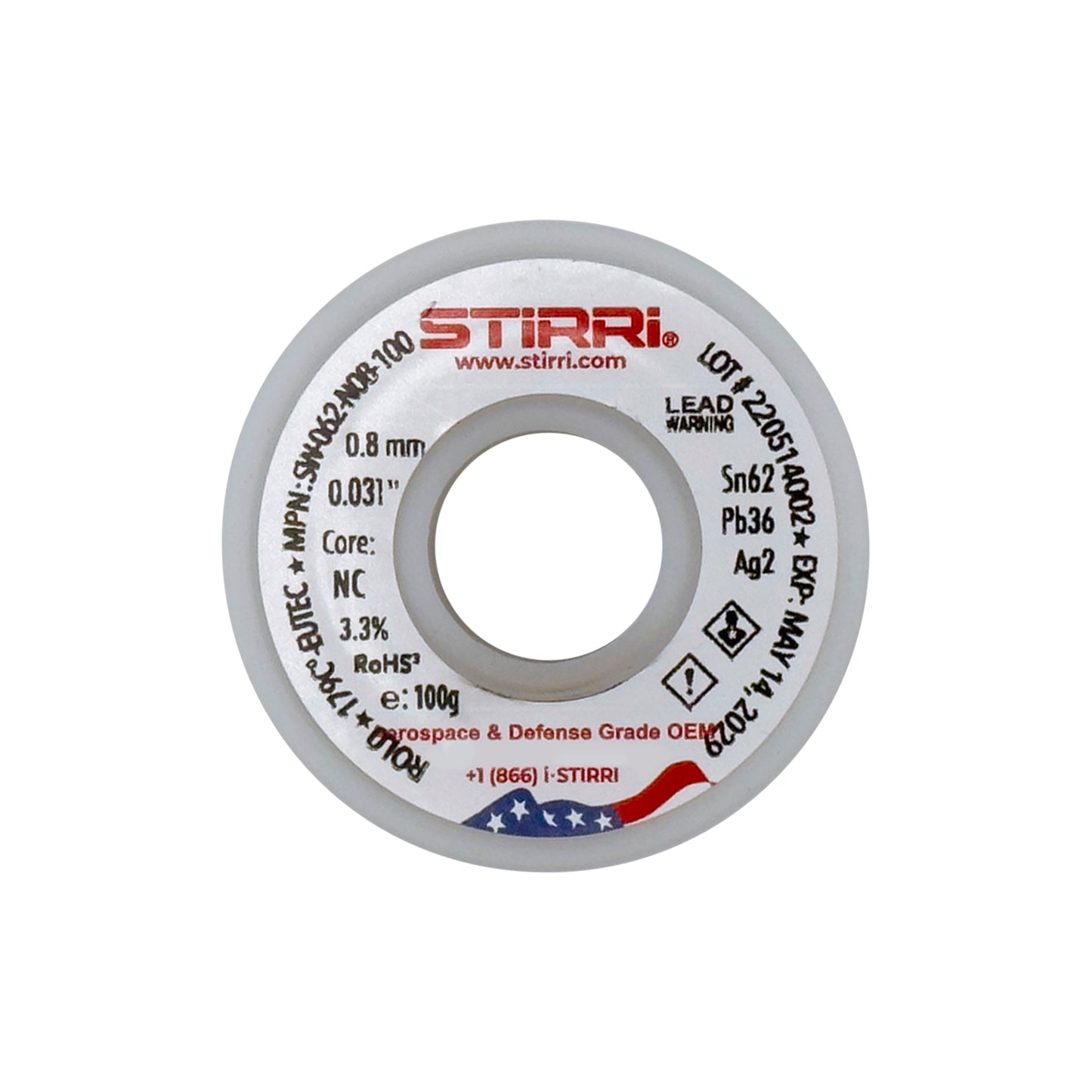 MT-062 - Sn62Pb36Ag2 mid-temp eutectic leaded solder wire NC-core ROL0 - 100g spool